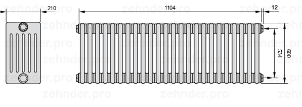 Схема (чертеж) Радиатор Zehnder Charleston 6060/24 №7610 Белый глянцевый RAL 9016